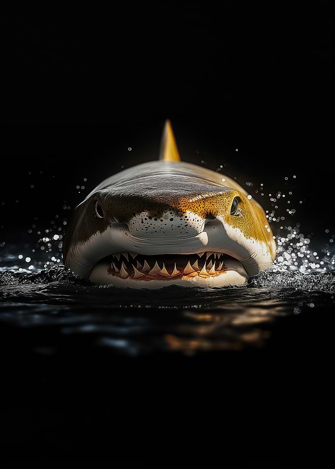 Shark emerging from dark water