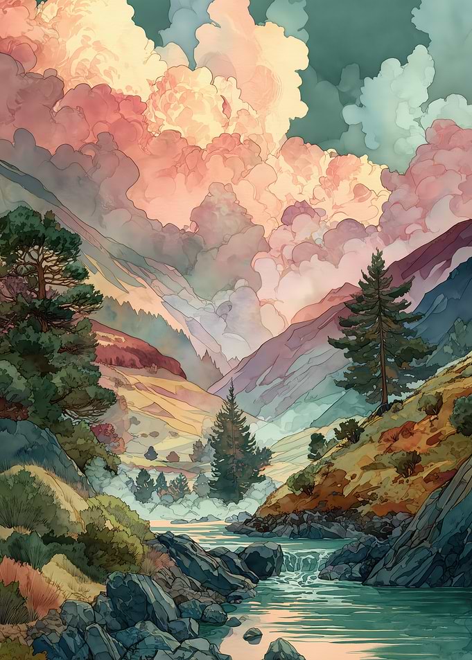 Watercolor Mountain Valley River Scene