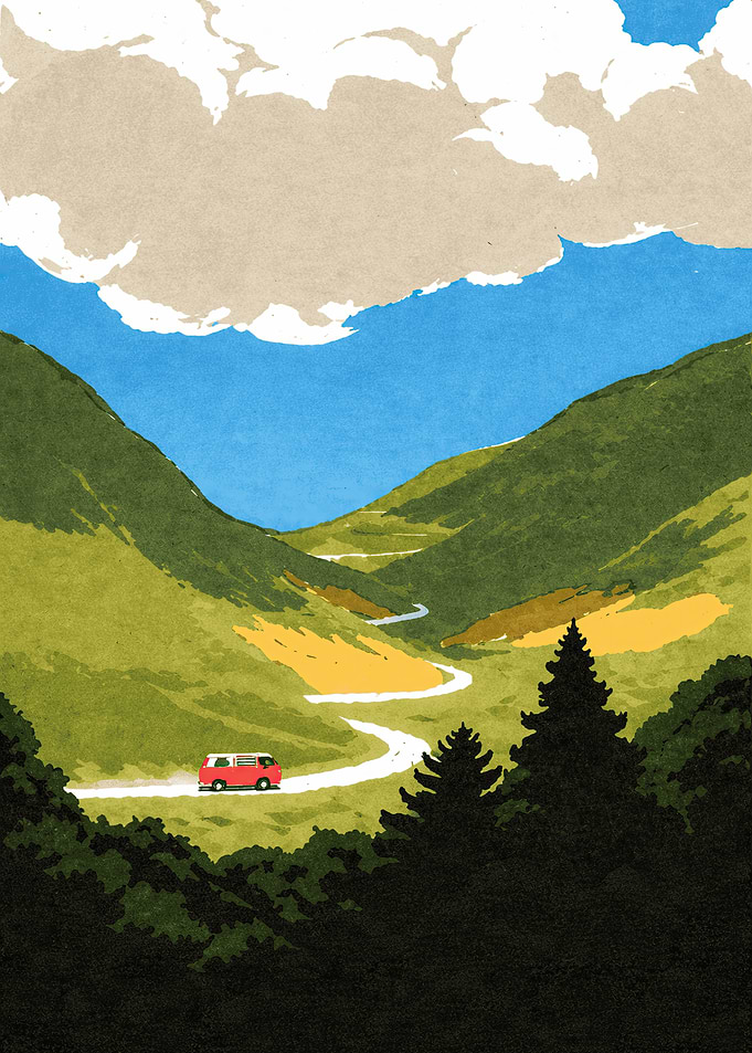 Red Van on a Winding Mountain Road