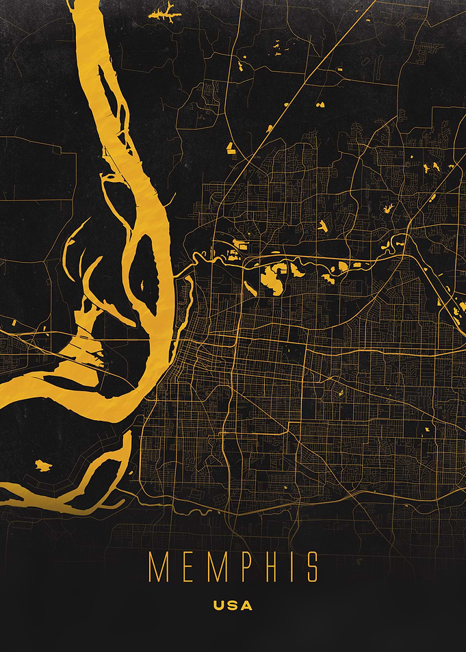 Memphis, Tennessee - Golden City Streets Map, USA Wall Art