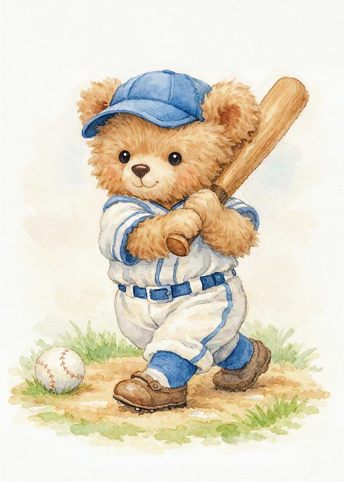 Vintage Nursery Teddy Bear Playing Baseball