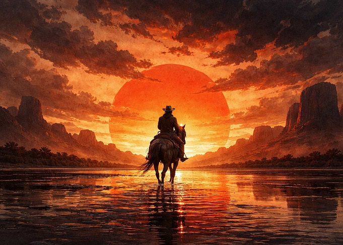 Cowboy Riding Horse at Sunset