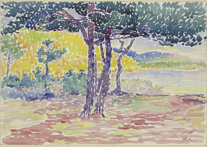 Watercolor Landscape with Trees and Water