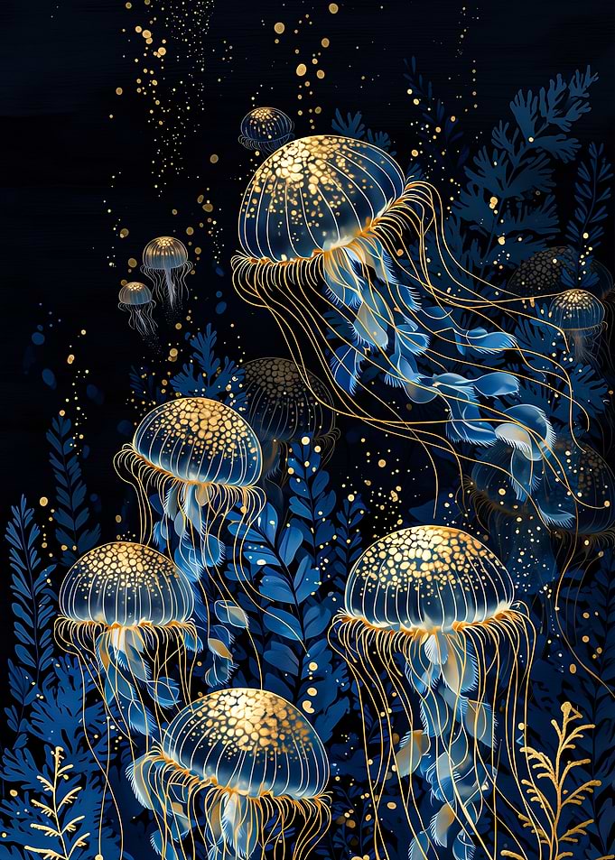 Glowing Jellyfish in Deep Blue Ocean