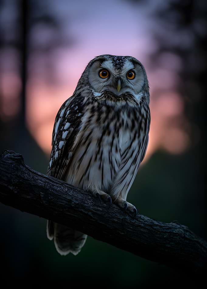 Owl perched on a branch at dusk