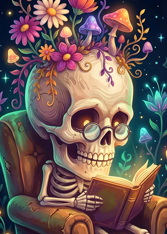 Skeleton Reading Book with Flowers