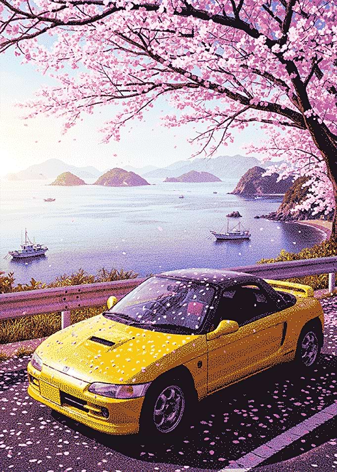 Yellow car under cherry blossoms