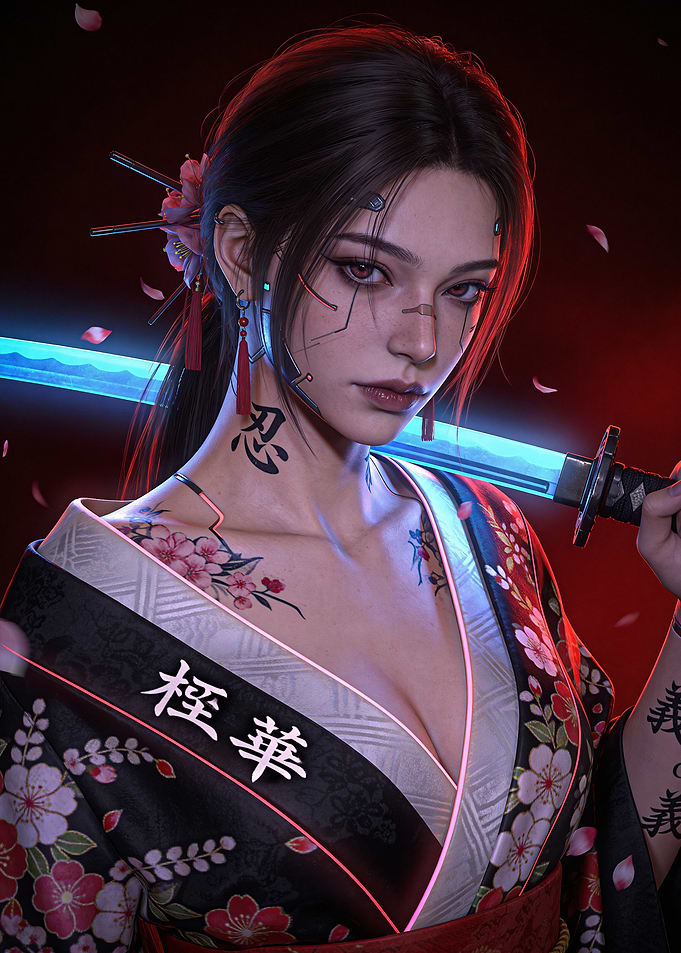 Cyberpunk Geisha with Neon Katana