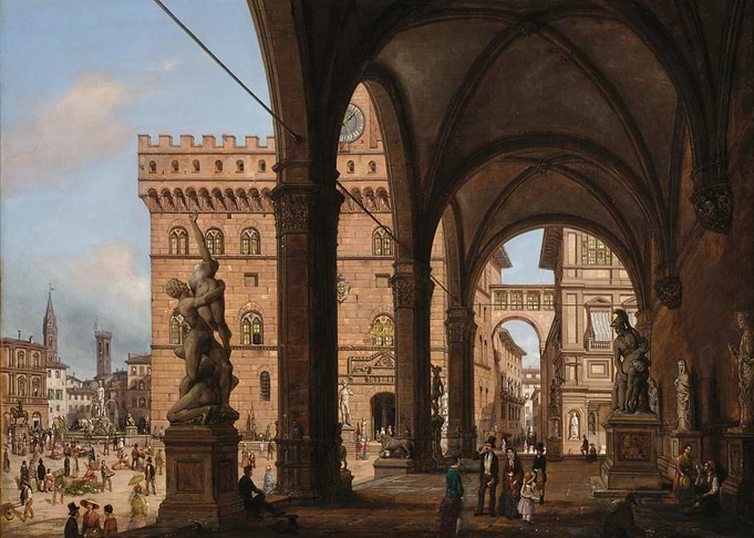Renaissance City Square with Statues and Arches