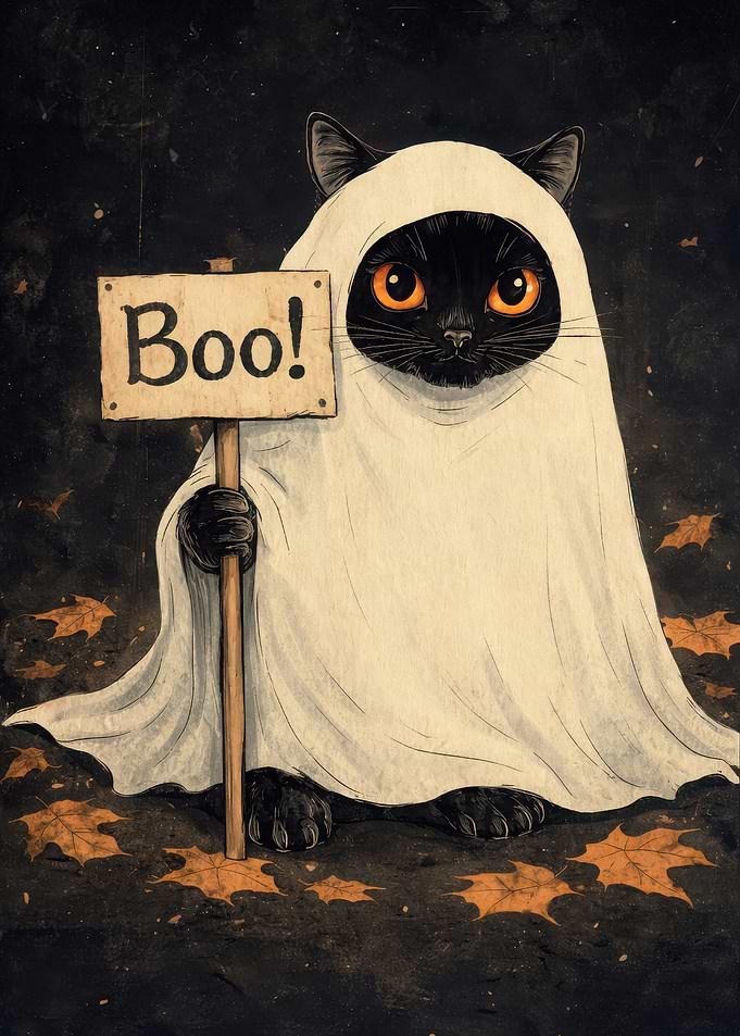 Black Cat in Ghost Costume Holding 'Boo!' Sign