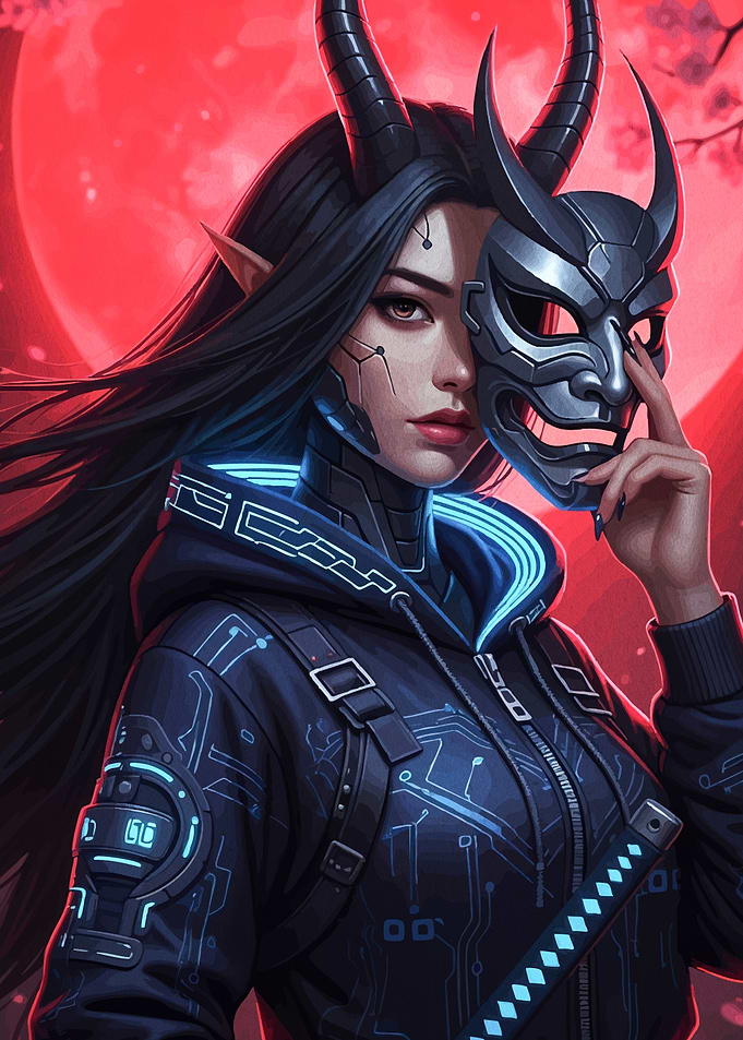 Cyberpunk Oni Mask Girl