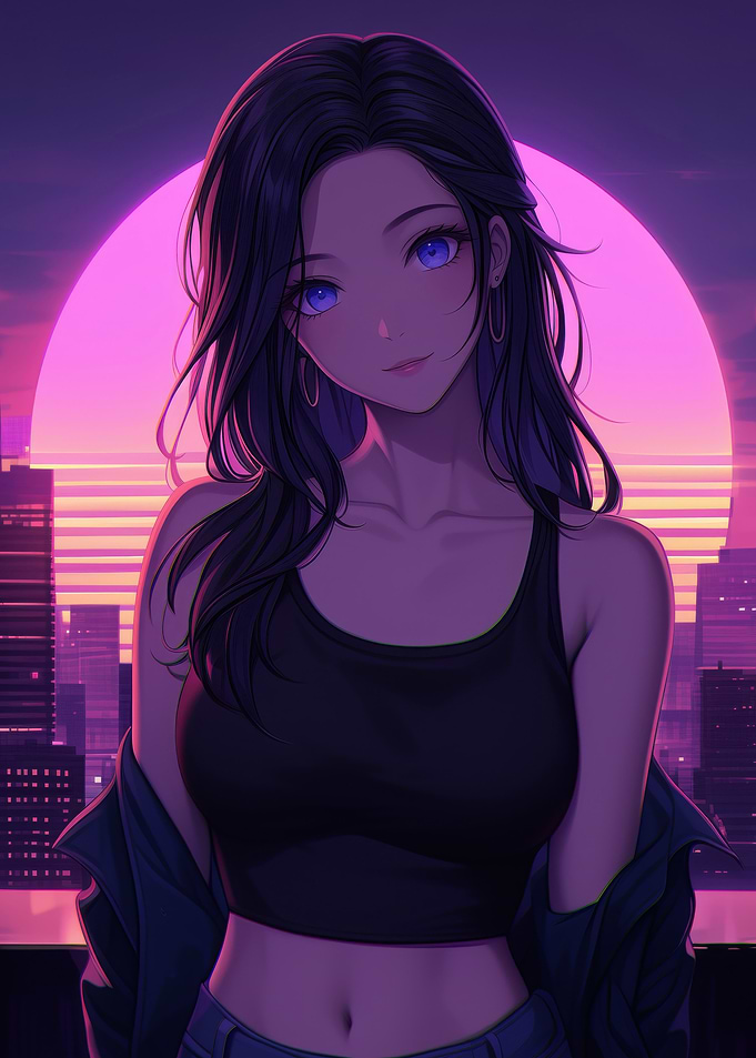 Anime Girl in Cityscape at Sunset
