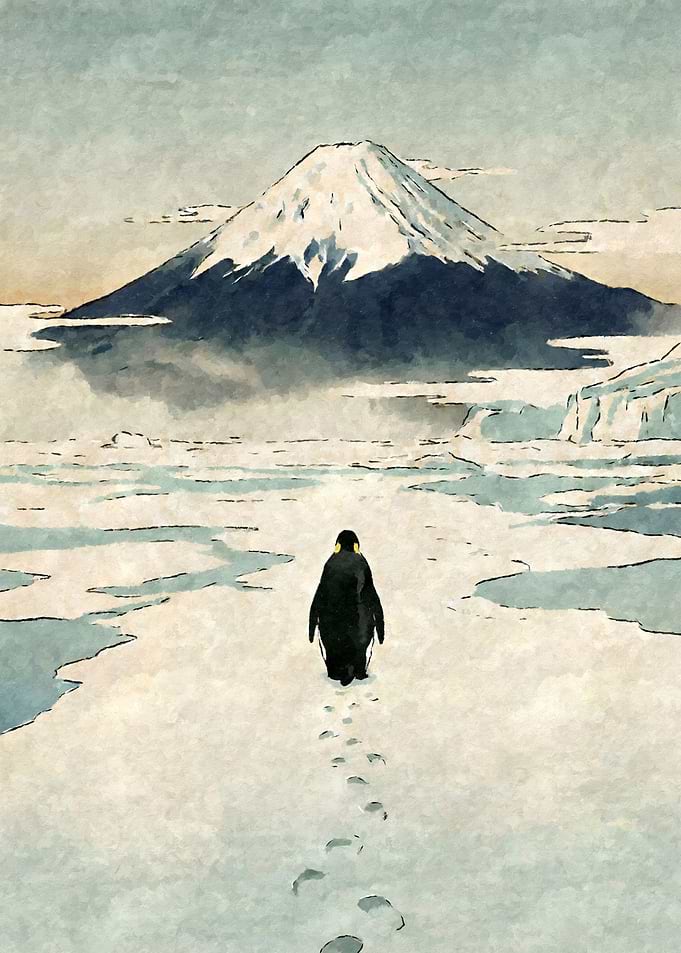 Penguin walks towards Mount Fuji