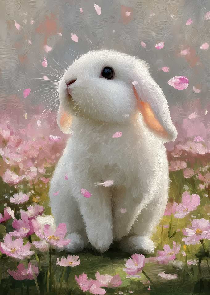 Cute White Bunny in Pink Flowers