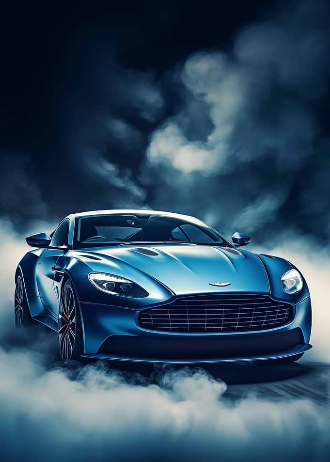 Blue Aston Martin in Smoke