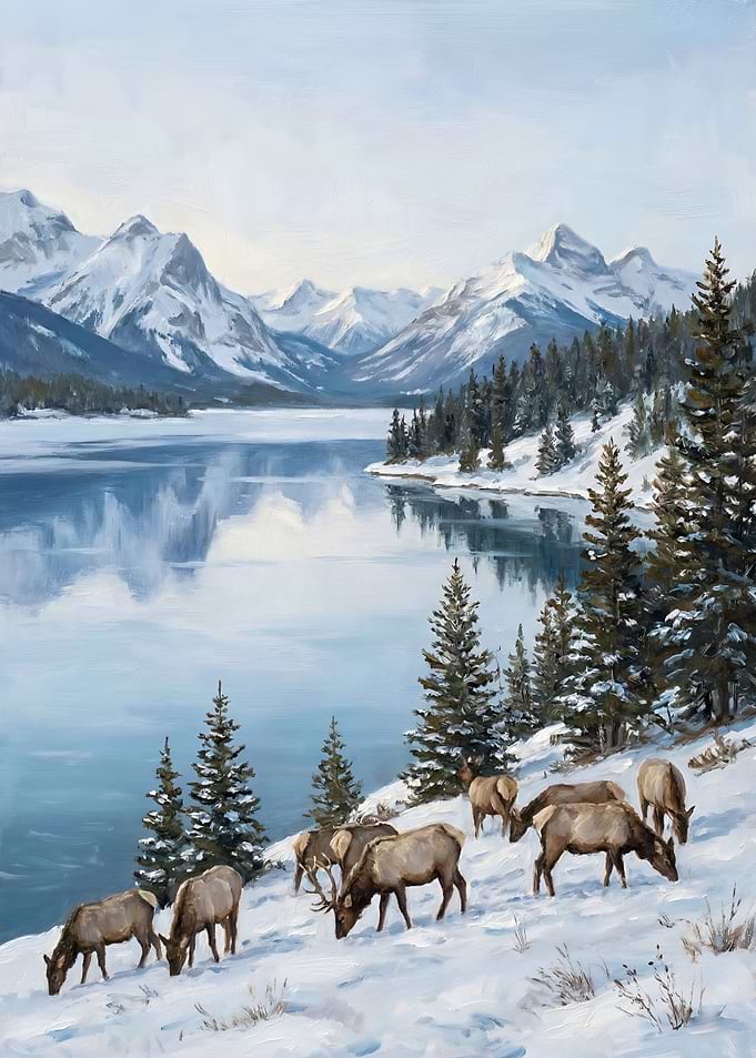 Elk in a Snowy Mountain Landscape