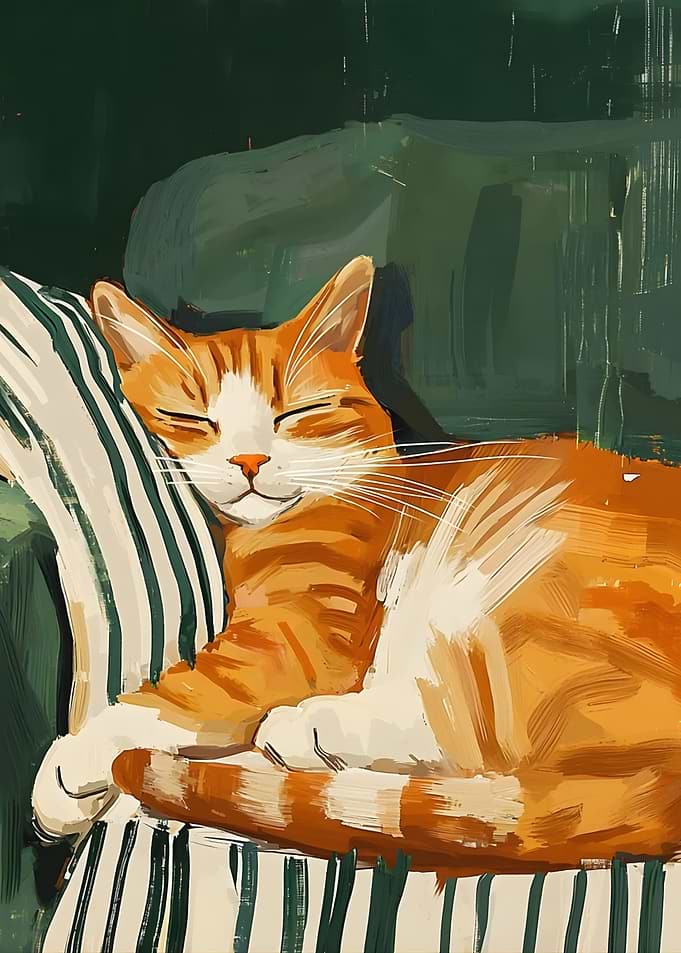 The Cat Sleeping on Striped Pillow