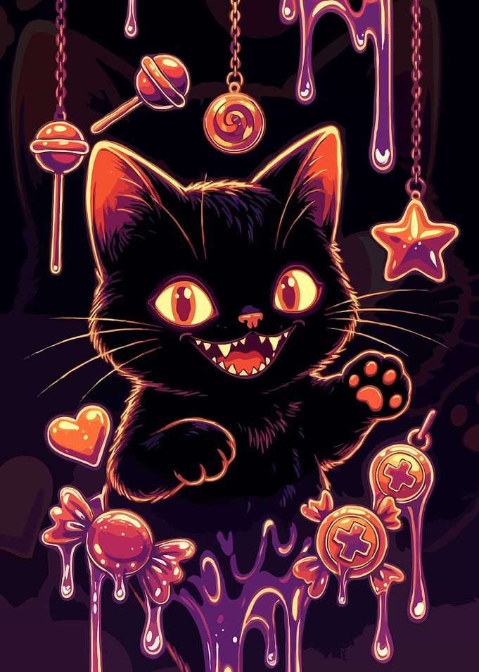 Cute Black Cat with Candy Art