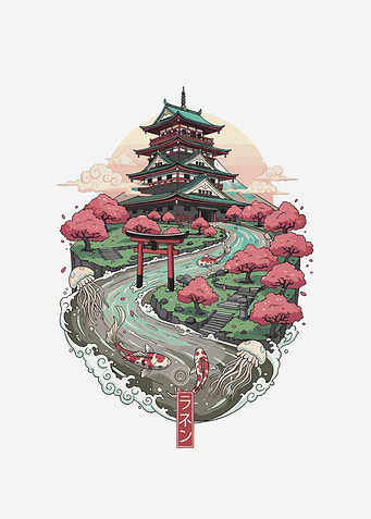 Japanese Castle with Cherry Blossoms and Koi Pond