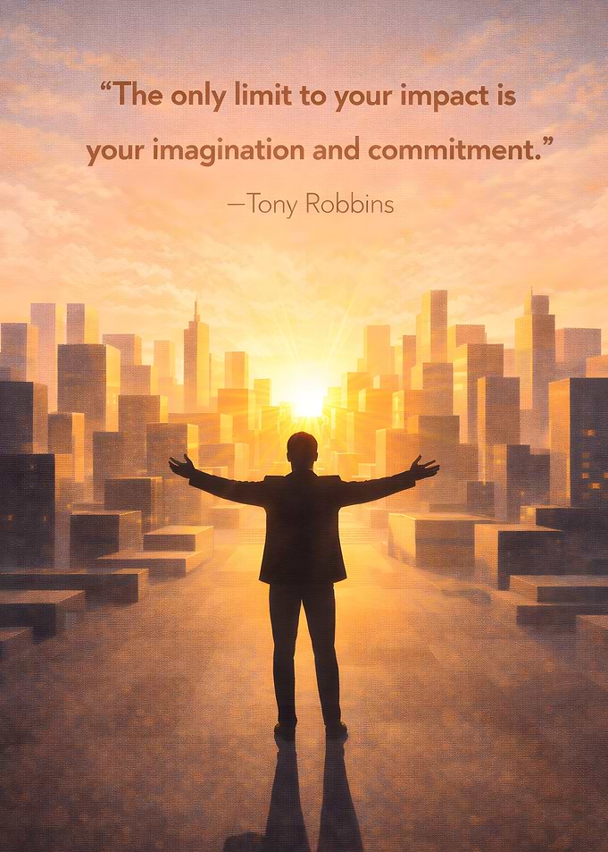 Man with arms outstretched in city at sunrise