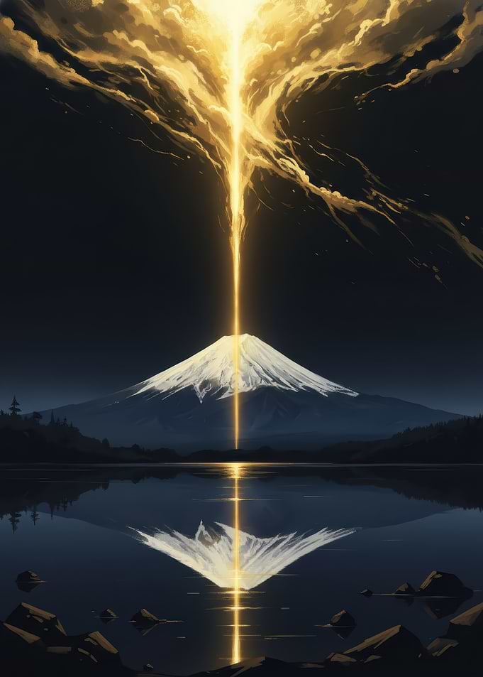 Golden Light Erupts from Mount Fuji