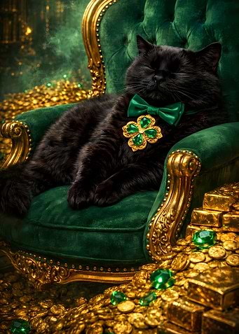 Black Cat St Patrick's Sleeping Emerald Green Papillon Golden Medal