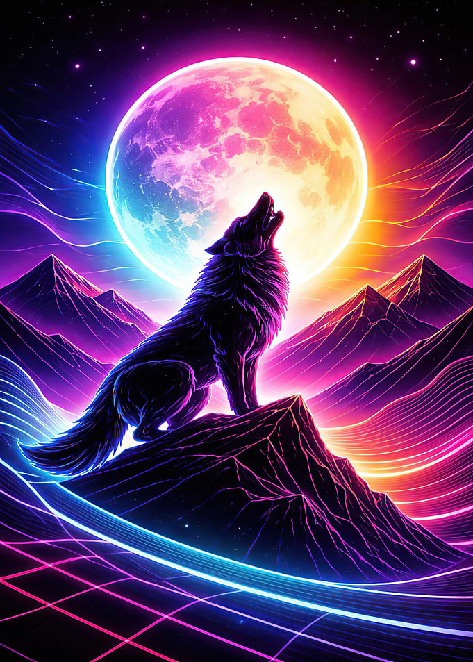 Wolf howling at neon moon