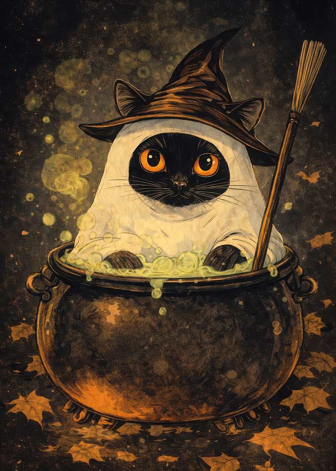 Halloween Cat in a Cauldron