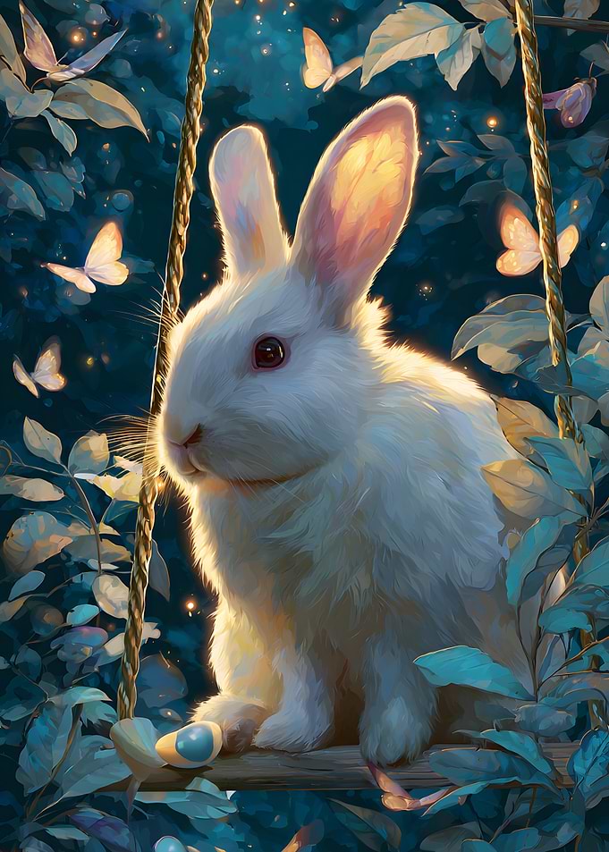 Enchanting White Rabbit in Moonlit Garden