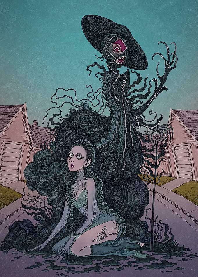 Gothic Witch and Woman in Suburban Setting