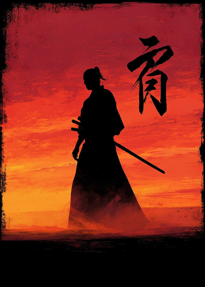 Samurai Silhouette Against Fiery Sunset