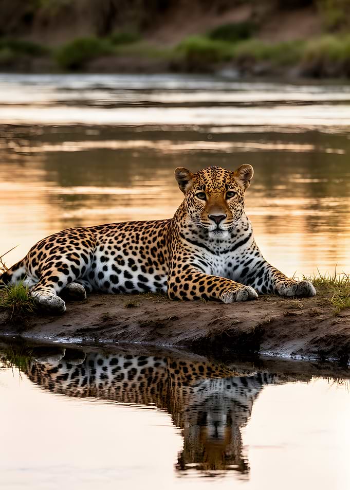 Leopard resting by the water