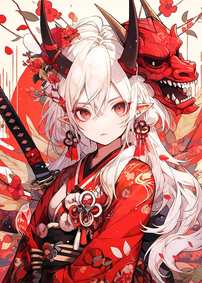 Anime Oni Girl with Dragon Mask