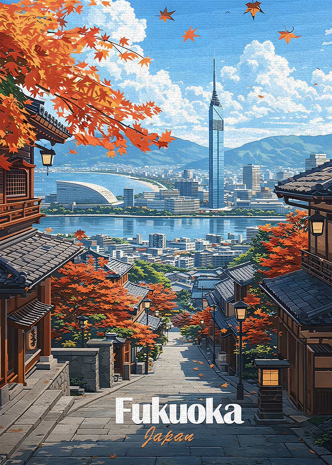 Fukuoka Cityscape with Autumn Leaves