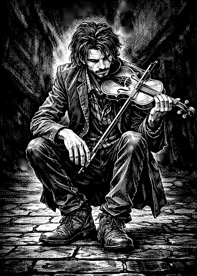 Man playing violin on cobblestone street