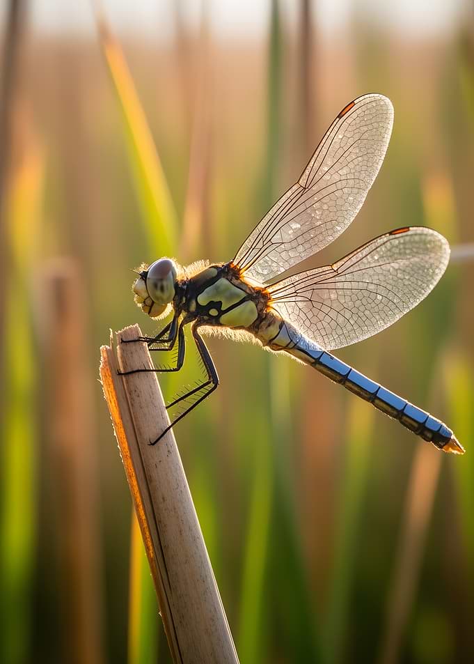 Dragonfly on a reed at sunset