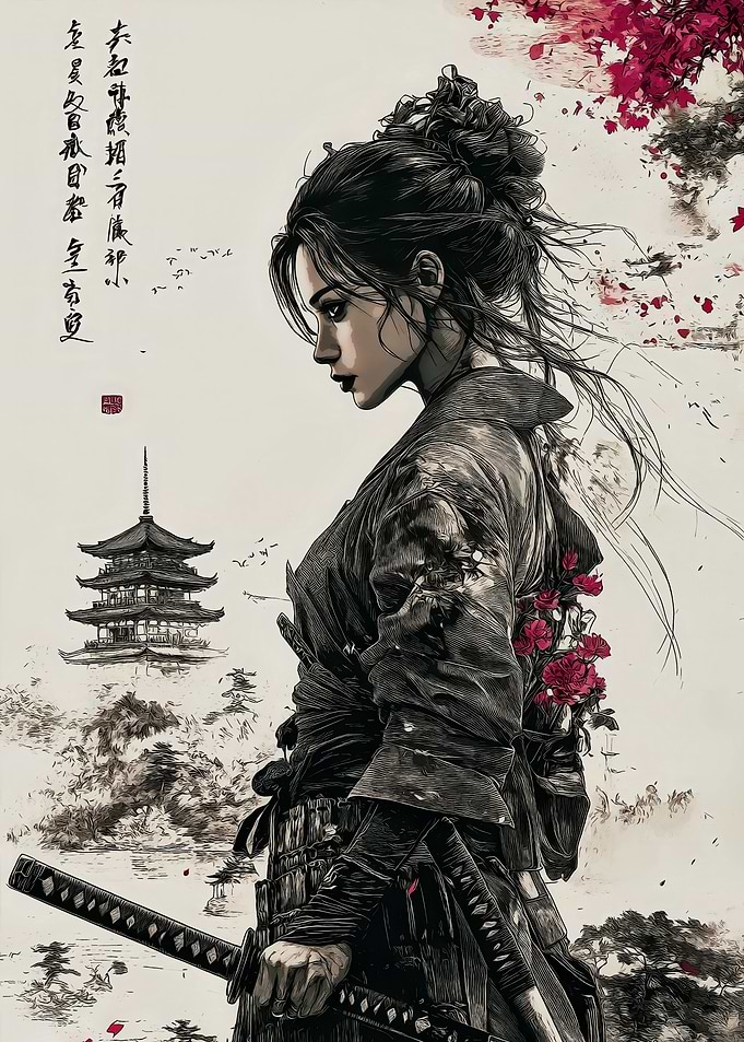 Samurai Woman with Pagoda