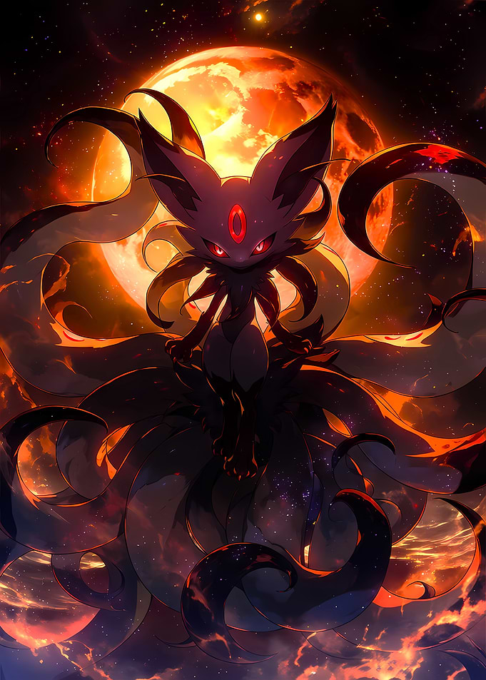 Dark Fox Creature with Fiery Moon