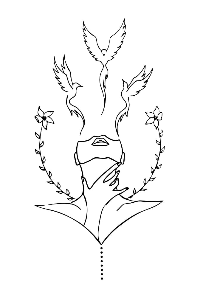 Woman with Birds and Flowers Line Art