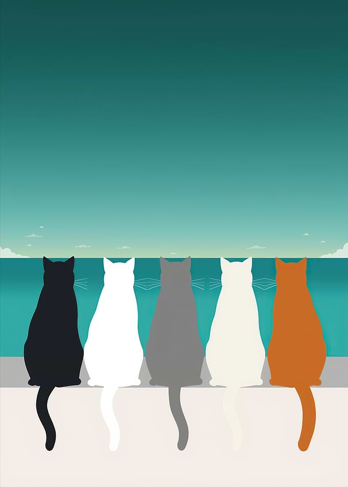 Five Cats Sitting by the Ocean