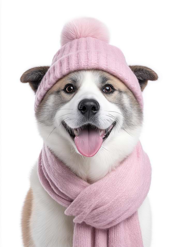 Cozy Akita dog Wearing Pink Winter Hat and Scarf