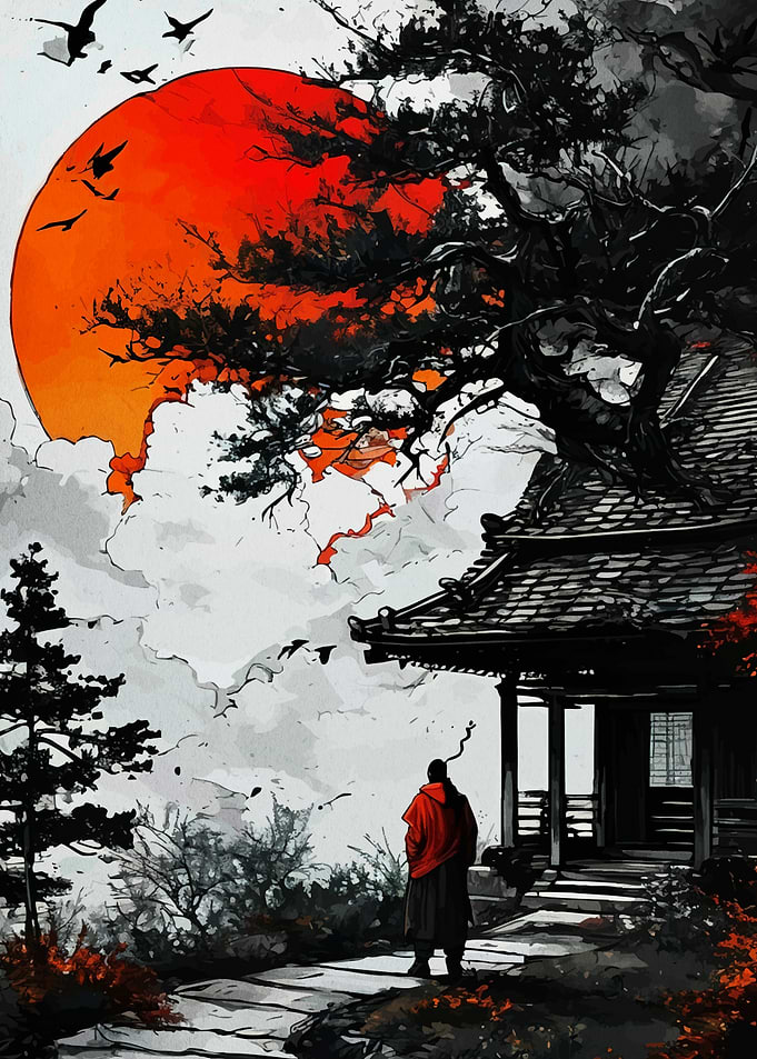 Monk in Red Robe by Japanese Temple