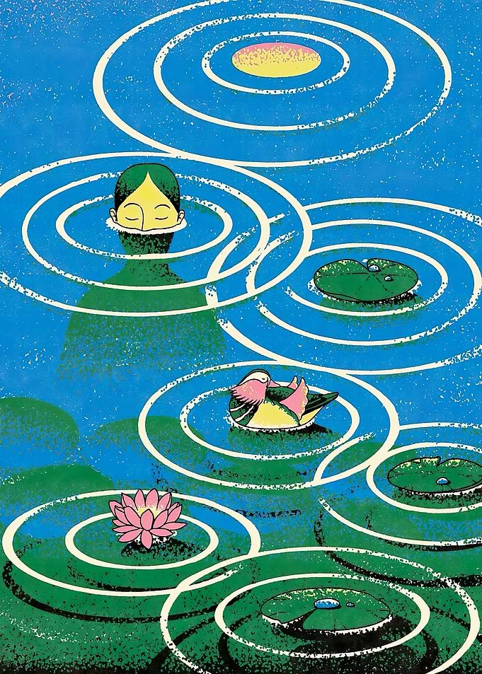 Person meditating in a pond with a duck