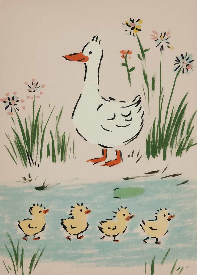 Mother Duck and Ducklings by the Pond