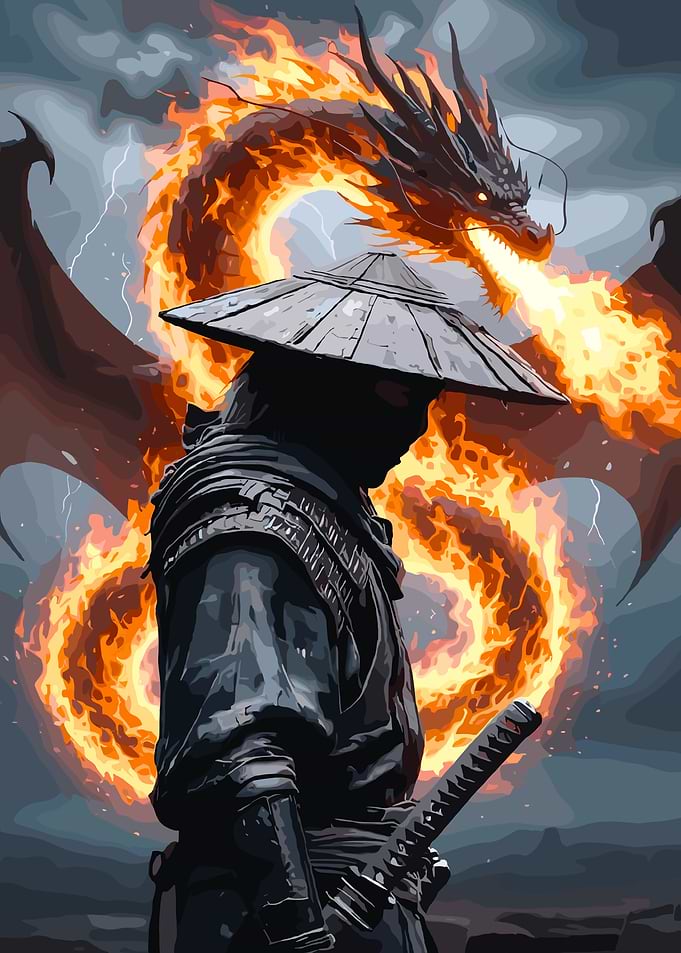 Samurai Warrior and Fire Dragon