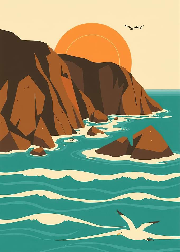 Coastal sunset with birds and waves