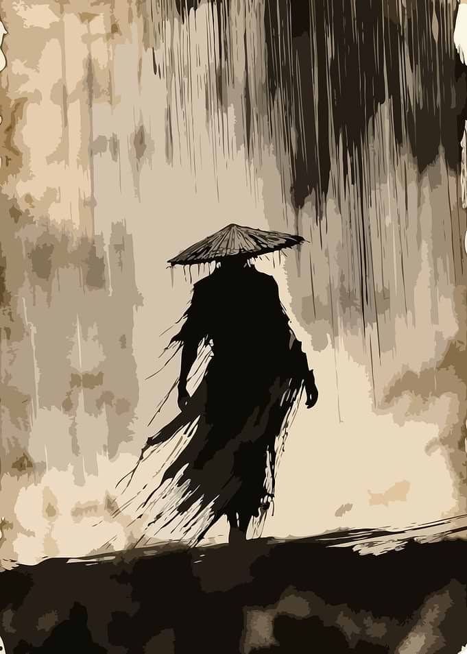 Samurai in the Rain Ink Art
