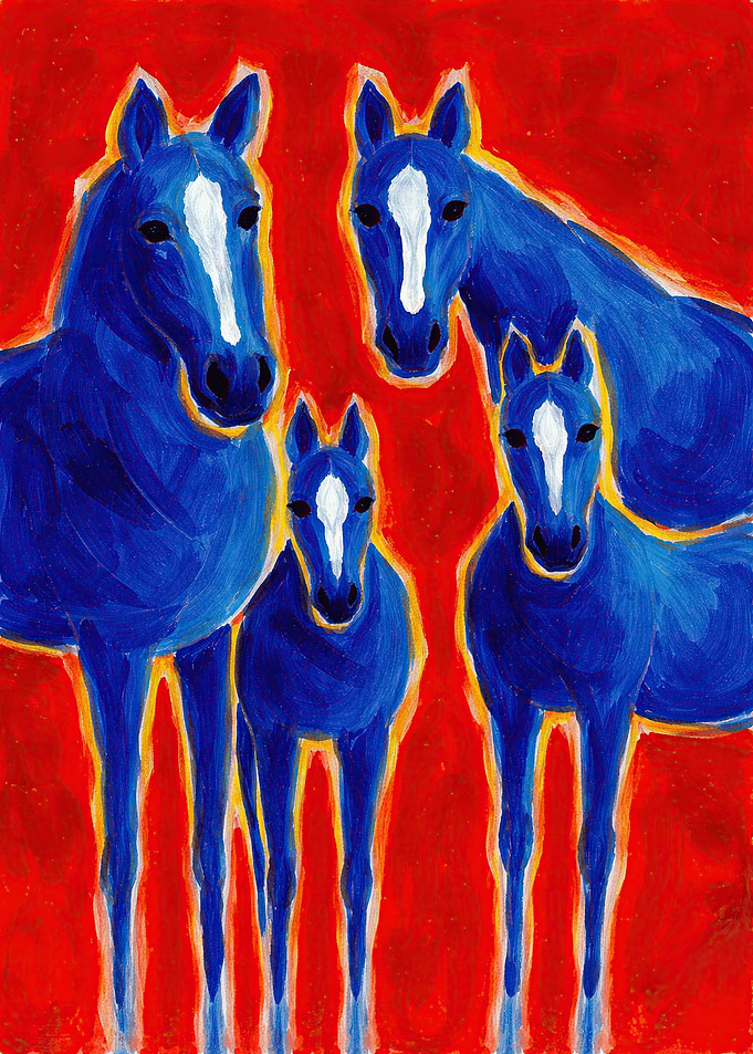 Four Blue Horses on Red Background