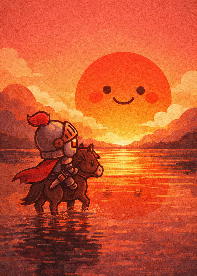 Knight Riding Horse at Sunset
