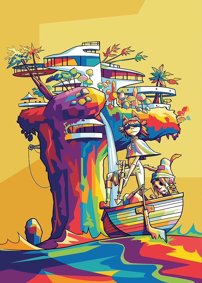 Gorillaz: Colorful Island with Characters in a Boat